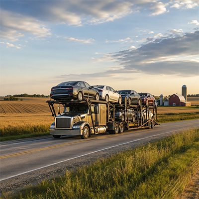 Car carrier on a rural farm road