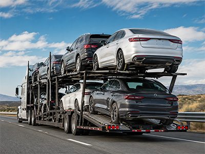 Sedans on an open car carrier
