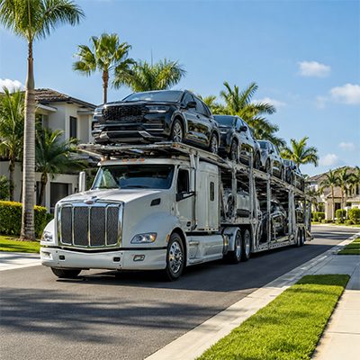 Auto transport carrier picking up vehicles in a residential neighborhood