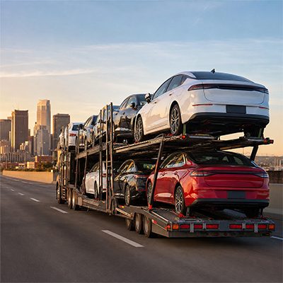 Loaded car carrier leaving a city with dealer inventory